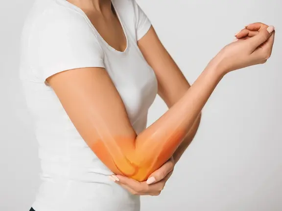 Patientin reibt ihr schmerzendes Gelenk nach körperlicher Belastung, ein typisches Arthrose-Symptom.